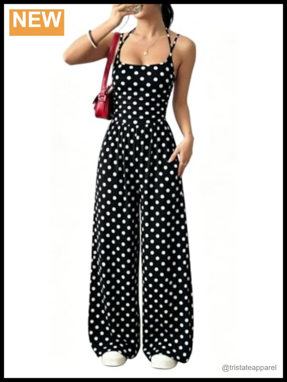 Women Polka Dot Spaghetti Strap Wide Leg Jumpsuit High Waist Palazzo